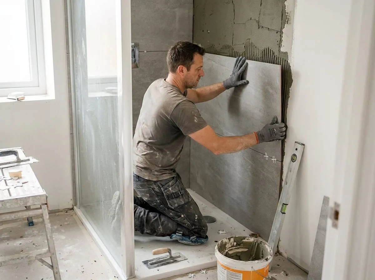 Vakman die wandtegels plaatst in een inloopdouche tijdens een badkamerrenovatie